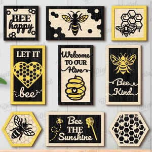 3D Mini bee signs bundle, layered sign laser cut, honey bee quotes svg, welcome sign, bee hive svg, wooden hanging wall decor
