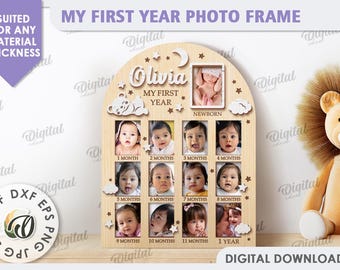 3D My first year photo frame, baby picture frame lasercut, newborn stats frame, new baby chart, personalized svg, wall hanging frame