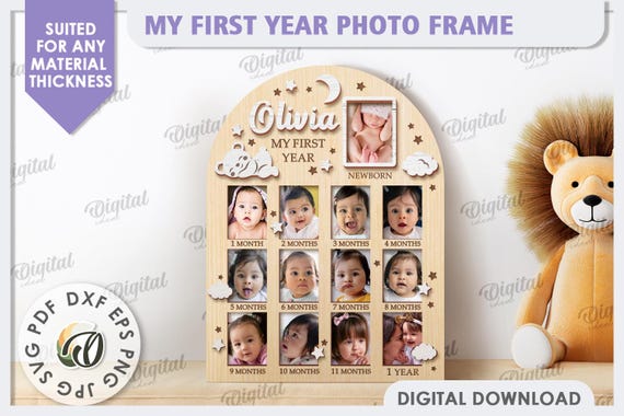3D My first year photo frame, baby picture frame lasercut, newborn stats frame, new baby chart, personalized svg, wall hanging frame