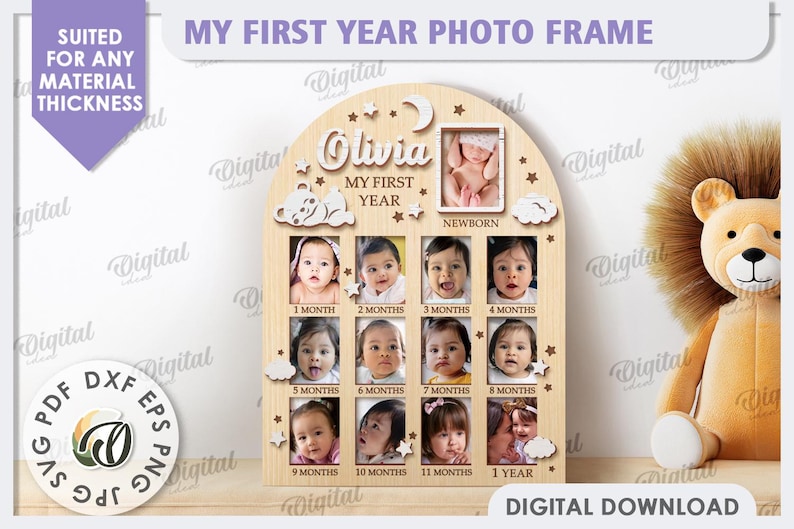 May include: A wooden photo frame with a cutout arch design. The frame has 12 spaces for photos, labeled with months of the year. The frame is decorated with stars, clouds, and a bear. The text "My First Year" is written on the frame. The text "Olivia" is written on the frame. The text "Newborn" is written on the frame.