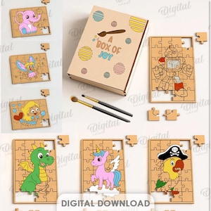 May include: A set of ten wooden jigsaw puzzles featuring cartoon characters, such as a cat, elephant, and robot. The puzzles are presented with a box labelled "A BOX OF JOY". The material width is 3 mm.
