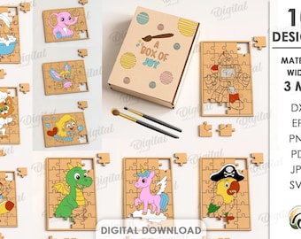 3D Paintable kids puzzles bundle, puzzle game with box laser cut files, montessori svg, educational, cute animals, childrens game