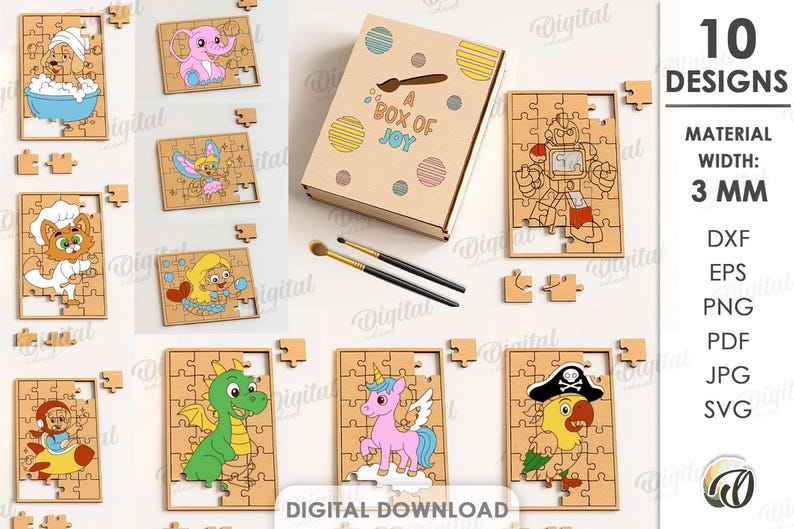 May include: A set of ten wooden jigsaw puzzles featuring cartoon characters, such as a cat, elephant, and robot. The puzzles are presented with a box labelled "A BOX OF JOY". The material width is 3 mm.