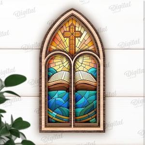 May include: A stained glass window design featuring a cross, an open book, and waves. The design is in a wooden frame with an arched top.