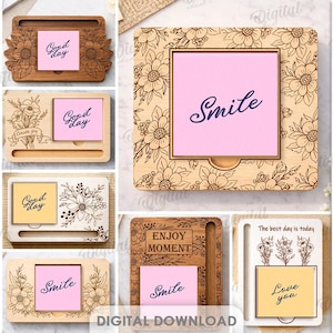 May include: A collection of ten wooden sticky note holder designs featuring floral engravings and various phrases like Love you, Good day, Smile, and Enjoy moment. The digital files include DXF, EPS, PNG, PDF, JPG, and SVG formats for laser cutting.