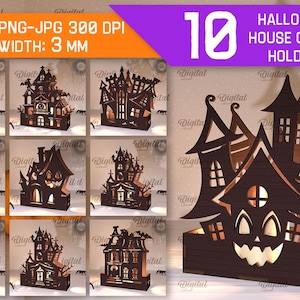 3D ハロウィン ハウス キャンドル ホルダー バンドル、ハロウィン シーン レーザー カット、お化け屋敷、不気味な屋敷 SVG、ティーライト キャンドル ホルダー ボックス SVG