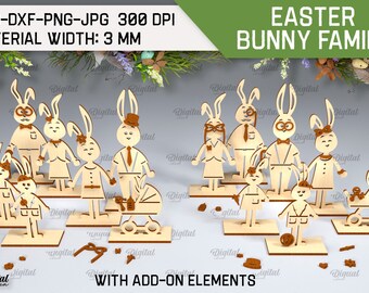 3D Easter bunny family stands, Easter laser cut, family home decor with add-ons, rabbit figurines, personalized family figurines, family svg