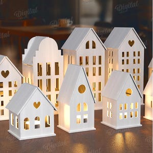3D ハウス キャンドル ホルダー バンドル、ホーム ランタン レーザー カット、木製ランプ SVG、ティー ライト キャンドル ホルダー、ホーム デコレーション SVG、村 SVG、ランタン SVG
