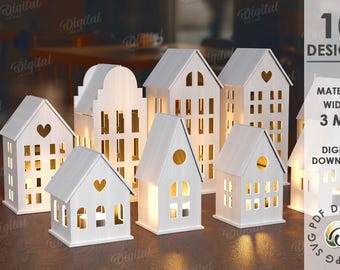 3D house candle holder bundle, home lantern laser cut, wooden lamp svg, tea light candle holder, home decor svg, village svg, lantern svg