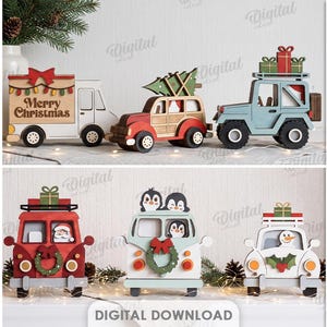 Op de afbeelding: Een collectie van 10 digitale ontwerpen voor lasergesneden houten kerstvoertuigen, waaronder vrachtwagens, busjes en auto's versierd met bomen, cadeaus, kransen, sneeuwpoppen en pinguïns. Bestanden voor 6mm materiaal in DXF, EPS, PNG, PDF, JPG en SVG-formaten.