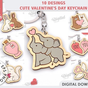 Cute Valentine&#39;s Day keychains bundle, Valentine key chain laser cut, Valentines quotes svg, cute wooden key ring, cute animals svg
