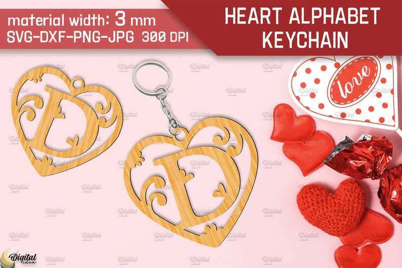 May include: A wooden heart-shaped keychain with a decorative letter 'D' inside. The keychain is made of 3 mm thick material and comes in SVG, DXF, PNG, and JPG formats at 300 DPI. The image also shows a red and white polka dot heart with the word 'love' on it.