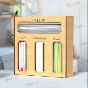 May include: A wooden storage box with three compartments labeled "Gallon", "Quart", "Sandwich", and "Snack". The box is designed to hold straws or other similar items.