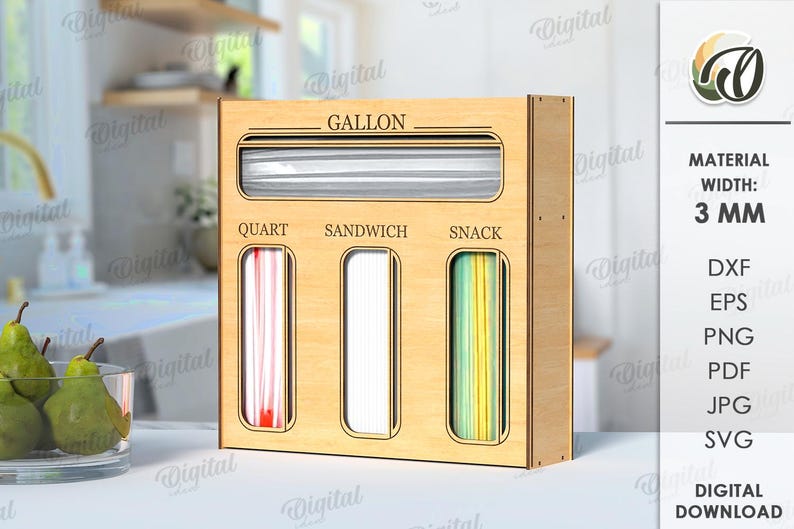 May include: A wooden storage box with three compartments labeled "Gallon", "Quart", "Sandwich", and "Snack". The box is designed to hold straws or other similar items.