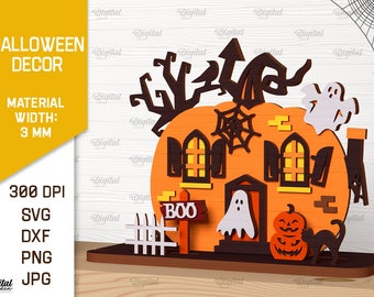 3D Halloween pumpkin house stand, Halloween decor laser cut, Halloween wooden shelf sitter svg, haunted house laser cut, ghost svg