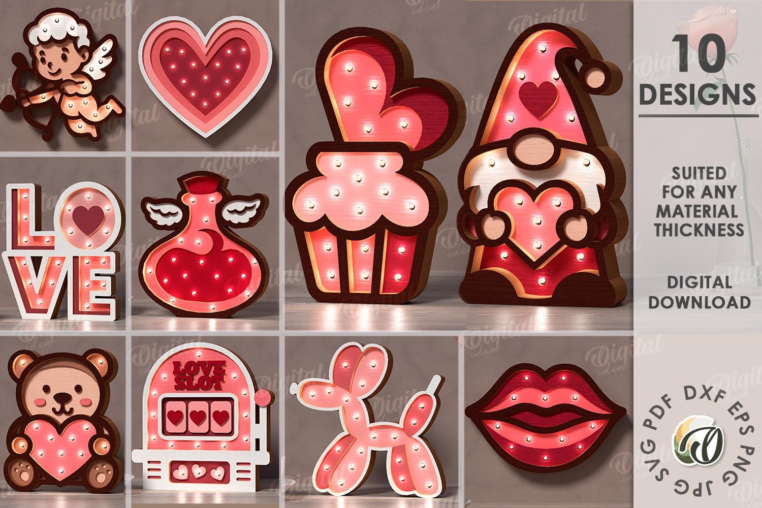 3D Valentine's Day Led Nightlights Bundle, Love Lamp Laser Cut