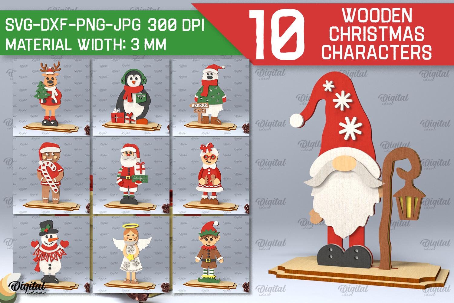 3D Wooden Christmas characters bundle, 3D layered wooden stand laser cut, Santa Claus svg, Xmas elf svg, Snowman svg, kids shelf sitter svg