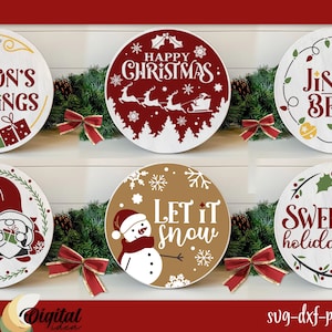 6 Round Christmas Signs SVG, Christmas door sign SVG Bundle, Vintage Christmas door hangers SVG image 1