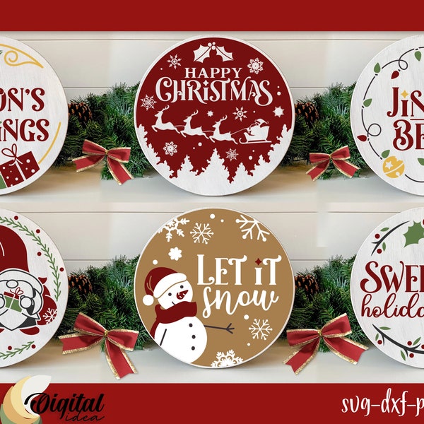 6 Round Christmas Signs SVG, Christmas door sign SVG Bundle, Vintage Christmas door hangers SVG