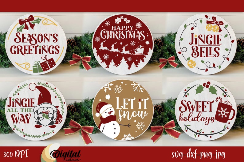 6 Round Christmas Signs SVG, Christmas door sign SVG Bundle, Vintage Christmas door hangers SVG image 1