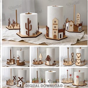 May include: A collection of decorative paper towel holders in various designs, including cacti, buildings, and kitchen utensils. The holders are made of wood and are designed to hold standard paper towel rolls. The image also includes the text "10 Designs" and "Digital Download".