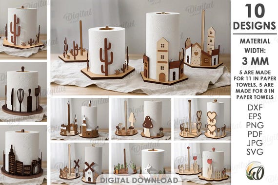 3D Kitchen paper roll holders bundle, paper towel stand laser cut files, rustic paper towel keeper, farmhouse, rustic, spring, house svg