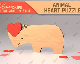 Wooden rhino love puzzle, 3D laser cut animal with hearts, cute animal figurines svg, Valentine's day gift lasercut svg