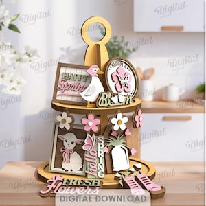 May include: A multi-tiered wooden spring-themed display with various cut-out designs. It features a duck, lamb, flowers, and the words "Happy Spring," "Bloom," and "Fresh Flowers." The display is in shades of brown, pink, and white.
