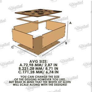 May include: An exploded view of a wooden box design with dimensions in mm and inches. The design includes a top, frame, and base, with the text "AVG SIZE" and dimensions listed. The material width is 3 mm.