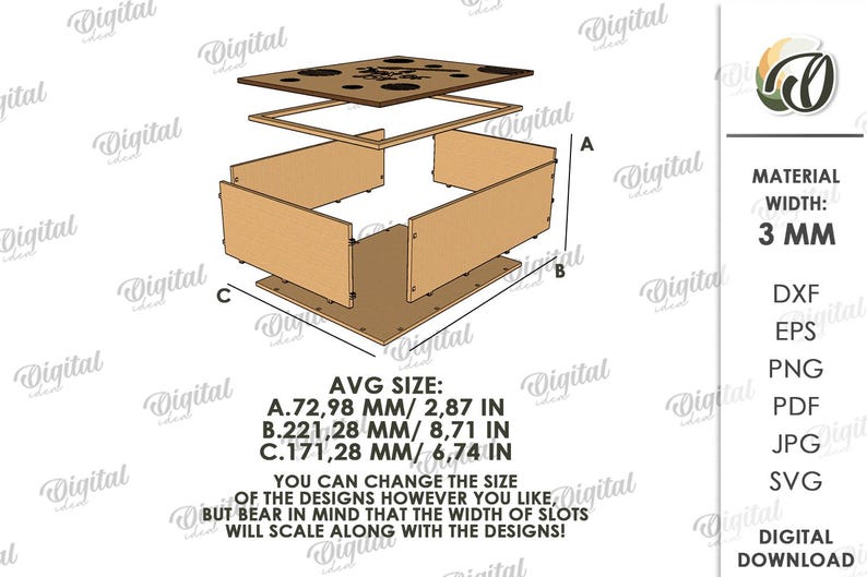 May include: An exploded view of a wooden box design with dimensions in mm and inches. The design includes a top, frame, and base, with the text "AVG SIZE" and dimensions listed. The material width is 3 mm.