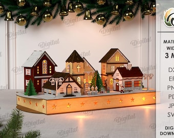 3D Christmas town, Christmas scene stand laser cut, shelf sitter, 3D Xmas house model, christmas village svg, home decor,  night light