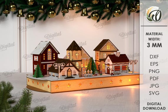 3D Christmas town, Christmas scene stand laser cut, shelf sitter, 3D Xmas house model, christmas village svg, home decor,  night light