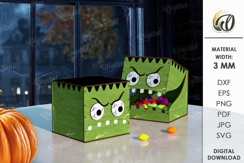 K&ouml;nnte beinhalten: Zwei gr&uuml;ne Holzkisten mit Frankenstein-Monstergesichtern. Eine Kiste ist geschlossen, die andere offen, gef&uuml;llt mit bunten S&uuml;&szlig;igkeiten. Die Kisten stehen auf einer wei&szlig;en Oberfl&auml;che, im Hintergrund ein K&uuml;rbis. Die Materialbreite betr&auml;gt 3 mm.