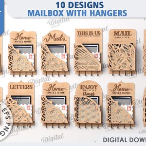 Paquete de buzones de madera para pared en 3D con perchas, organizador de correo cortado con láser, buzón, soporte para llaves, citas para el hogar svg, decoración del hogar, buzón