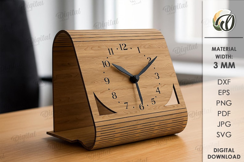 K&ouml;nnte beinhalten: Holz-Schreibtischuhr mit hellbraunem Finish. Die Uhr hat schwarze Zeiger und Ziffern, ein einzigartiges geschwungenes Design und Ausschnittdetails. Die Breite der Uhr betr&auml;gt 3 mm.
