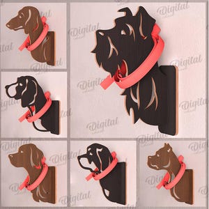Pode incluir: Uma coleção de dez designs de raças de cães, cada um com a cabeça de um cão com uma coleira rosa brilhante. Os designs são feitos de material de 3 mm de espessura e estão disponíveis para download digital.