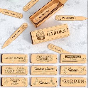 May include: Wooden garden markers with various plant names and phrases like "Garden Stakes" and "Gardening Season is Loading." The set includes 10 designs, made of 3 mm thick material. Digital download.