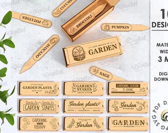 May include: Wooden garden markers with various plant names and phrases like "Garden Stakes" and "Gardening Season is Loading." The set includes 10 designs, made of 3 mm thick material. Digital download.