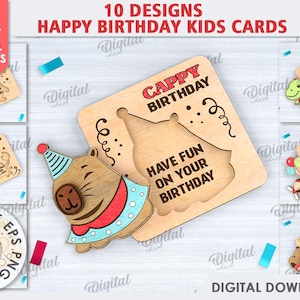 Pacchetto di biglietti di auguri per bambini in legno 3D di buon compleanno, biglietti di auguri tagliati al laser, auguri di compleanno in formato svg, puzzle di animali carini, bambini in formato svg, citazioni di compleanno