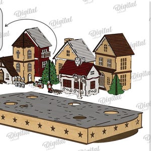 May include: A laser-cut wooden Christmas village scene with houses, trees, and a star-studded base. The material width is 3 mm. Includes a church, houses with red and brown roofs, and a Christmas tree. Digital download.