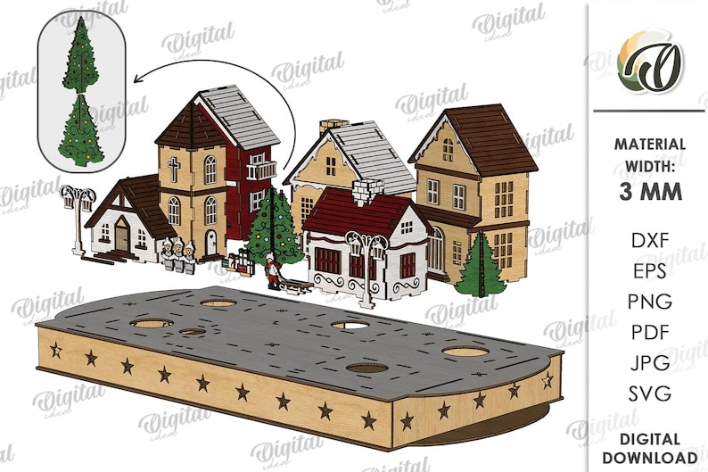 May include: A laser-cut wooden Christmas village scene with houses, trees, and a star-studded base. The material width is 3 mm. Includes a church, houses with red and brown roofs, and a Christmas tree. Digital download.
