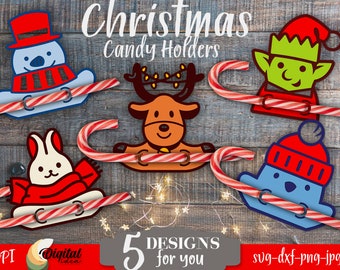 Soporte de dulces de Navidad SVG, paquete de soporte de bastón de caramelo de Navidad, personajes de Navidad, soportes de dulces de corte de papel en capas