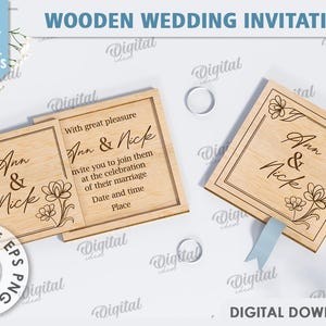 May include: A wooden wedding invitation box with a laser-cut design. The box is open to reveal a card with the text "With great pleasure Ann & Nick invite you to join them at the celebration of their marriage Date and time Place". The lid of the box has the text "Ann & Nick" with a floral design.