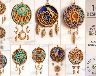 3D Dream Catchers bundle, dreamcatcher with dichroic glass laser cut, home decor, wooden mystical sign, fairy tale, celestial, boho svg
