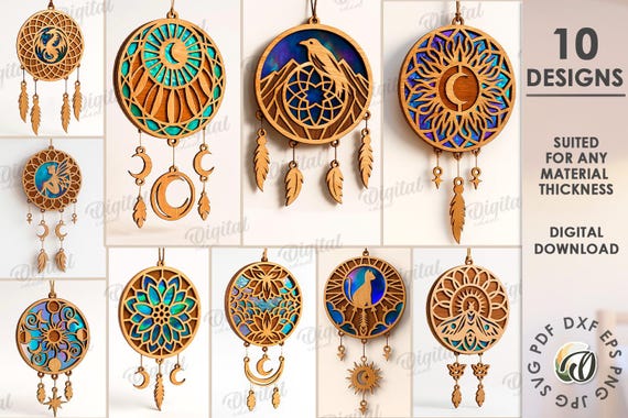 3D Dream Catchers bundle, dreamcatcher with dichroic glass laser cut, home decor, wooden mystical sign, fairy tale, celestial, boho svg