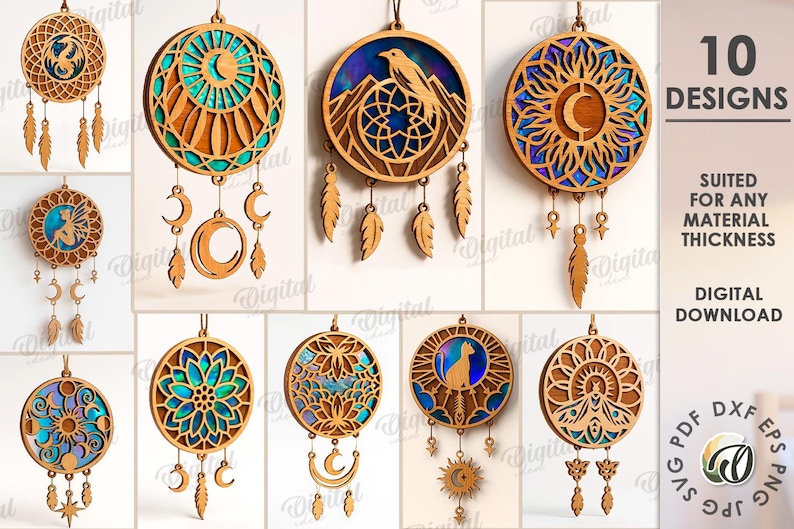 Peut inclure: Dix mod&egrave;les de capteurs de r&ecirc;ves en bois, avec des motifs d&eacute;coup&eacute;s au laser et des accents color&eacute;s. Les motifs incluent des lunes, des plumes et des motifs c&eacute;lestes. Le texte indique "10 DESIGNS" et "DIGITAL DOWNLOAD".