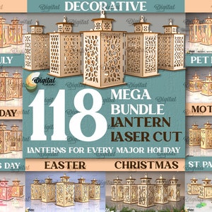 May include: A collage of 118 laser cut lantern designs for various holidays and themes, including cat, dog, 4th of July, Father's Day, Valentine's Day, Easter, Christmas, Mother's Day, St. Patrick's Day, and pet memorial.