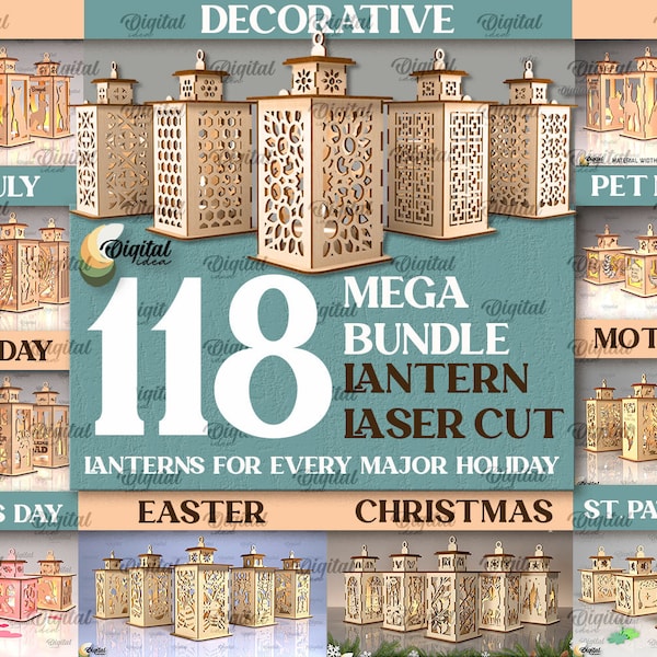 Lanterne 3D découpée au laser Mega Bundle, toutes les grandes fêtes, 118 modèles de lampe découpés au laser, bougie chauffe-plat 3D découpée au laser SVG, lanternes en bois, bougeoir