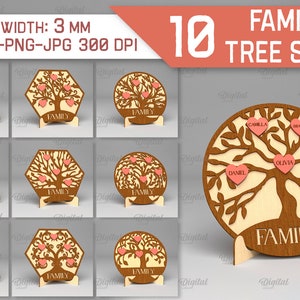 Peut inclure: Dix fichiers de découpe numériques pour créer des panneaux d'arbre généalogique. Les motifs présentent un arbre brun avec des cœurs roses et le mot "FAMILY" en bas. Les fichiers sont disponibles aux formats SVG, DXF, PNG et JPG à 300 DPI.