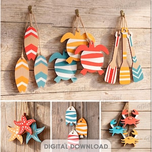 Peut inclure: Une collection de dix ornements suspendus en bois sur le thème nautique avec des planches de surf, tortues, rames, ancres, mouettes, étoiles de mer, poissons et crabes aux motifs rouges, orange, bleus et blancs. Texte : 10 DESIGNS, DIGITAL DOWNLOAD.